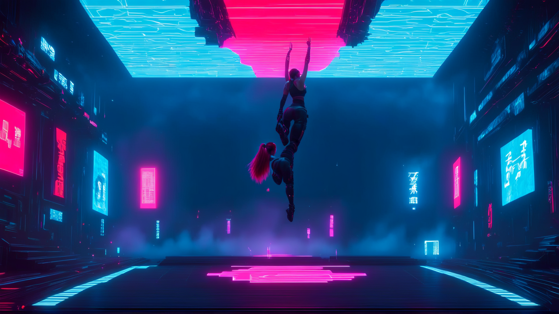 AI generated wallpaper featuring woman, neon, city