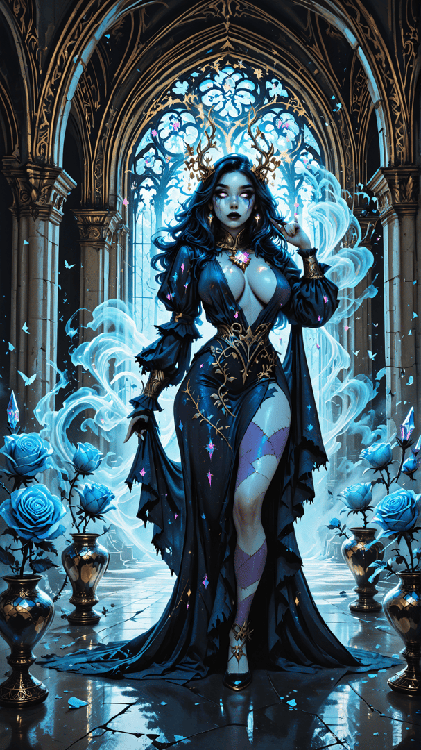 AI generated wallpaper featuring woman, goddess, witch, queen, magic, butterfly, rose, vase, cathedral, crystal