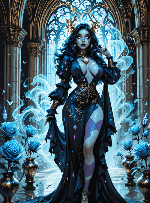 woman, goddess, witch, queen, magic, butterfly, rose, vase, cathedral, crystal