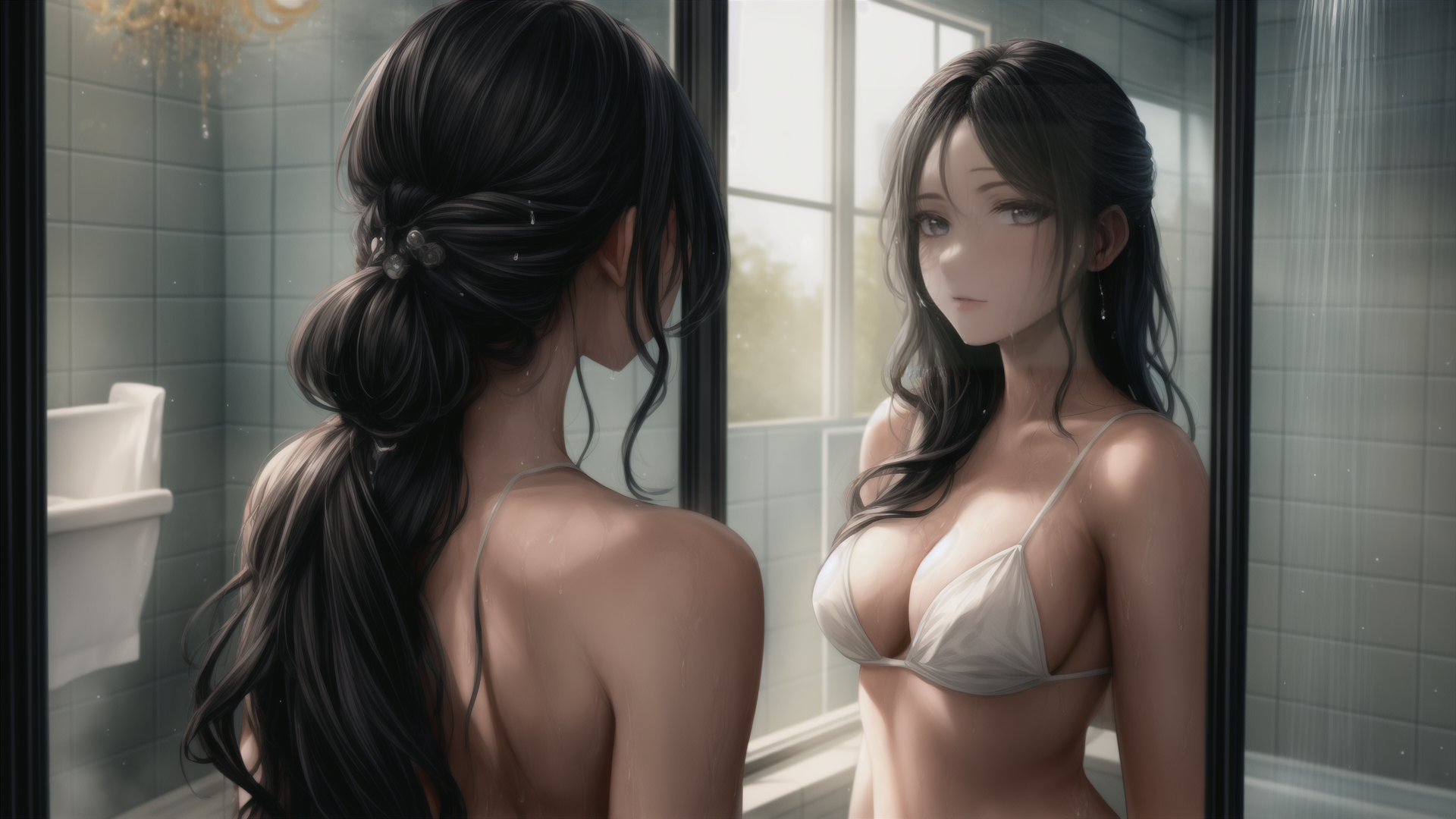 AI generated wallpaper featuring woman, mirror, bathroom