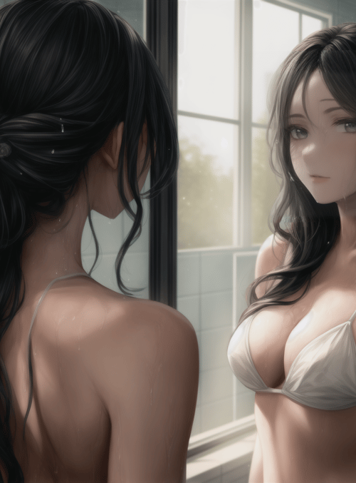 woman, mirror, bathroom