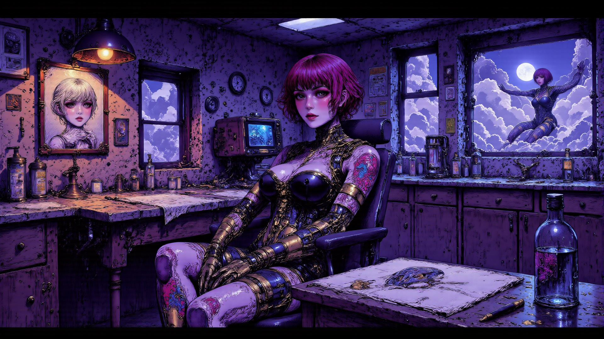 AI generated wallpaper featuring cyborg, woman, room, window, art, bottle, painting, clock, chair, moon