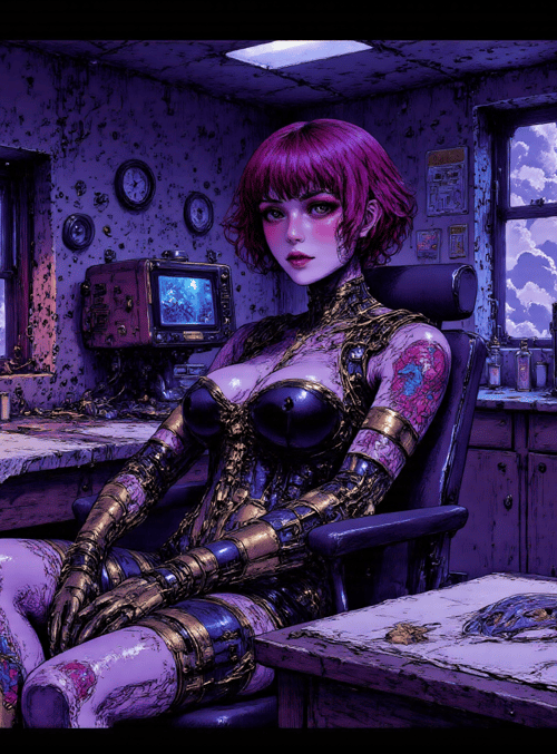 cyborg, woman, room, window, art, bottle, painting, clock, chair, moon