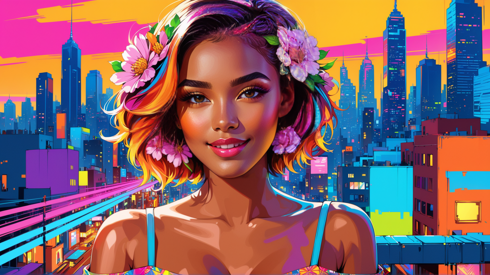 AI generated wallpaper featuring woman, cityscape, flowers