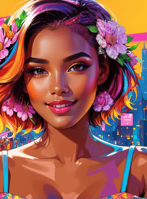 woman, cityscape, flowers