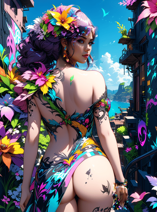 woman, flowers, city