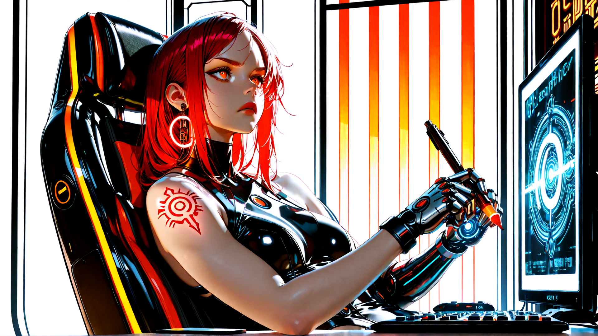 AI generated wallpaper featuring cyborg, woman, robotic arm, chair, monitor, screen, earring, tattoo, keyboard, pen