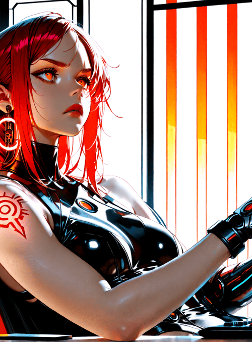 cyborg, woman, robotic arm, chair, monitor, screen, earring, tattoo, keyboard, pen