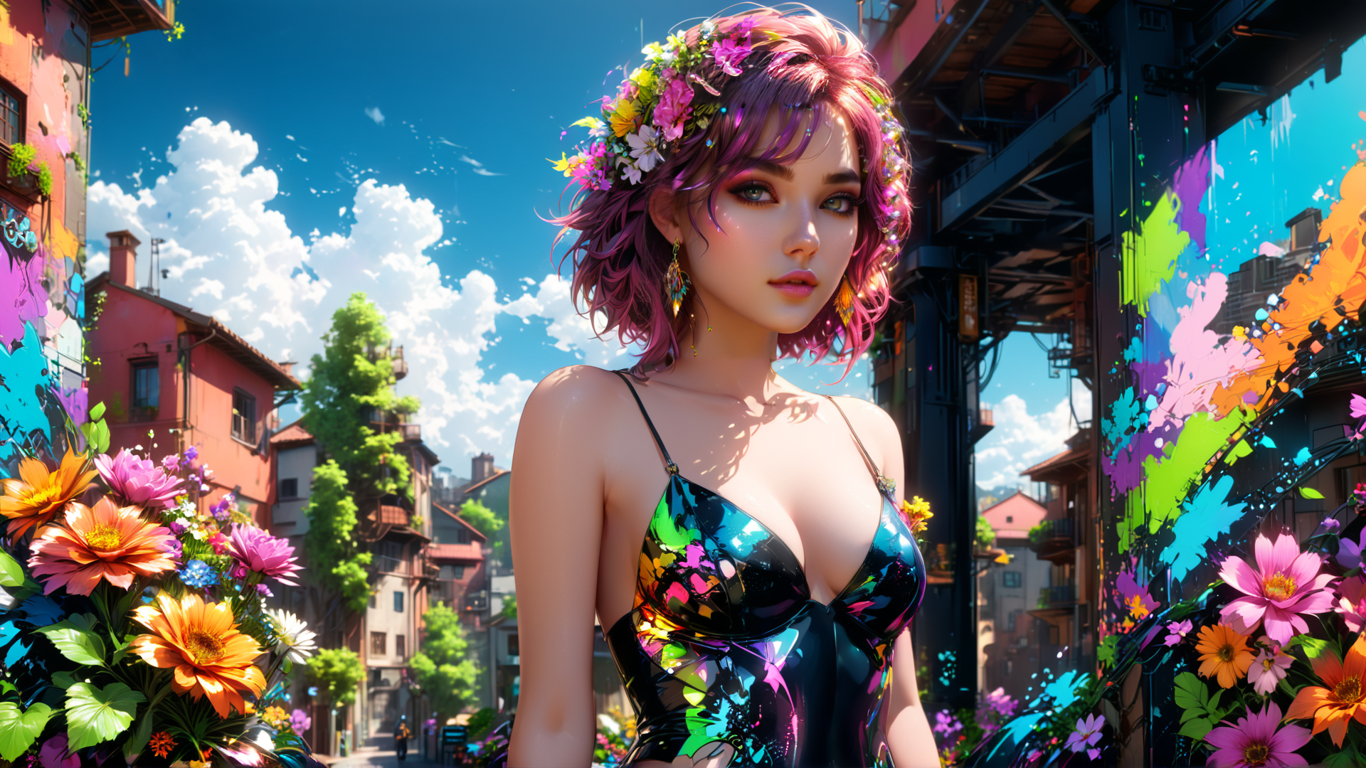 AI generated wallpaper featuring woman, flowers, street