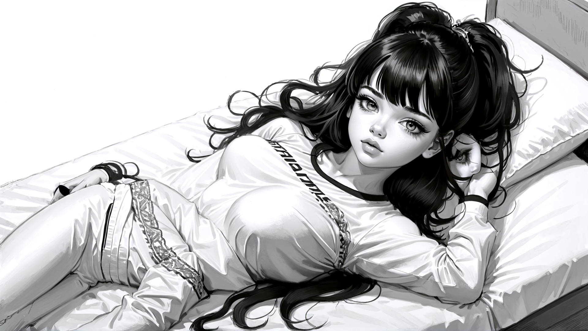 AI generated wallpaper featuring woman, bed, hair, t-shirt, pants, pillow, bracelet, glasses, socks
