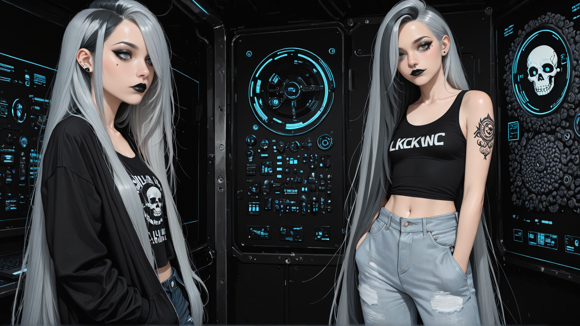 AI generated wallpaper featuring woman, cyberpunk, skeleton, tattoo, jeans, graphic tee, long hair, goggles