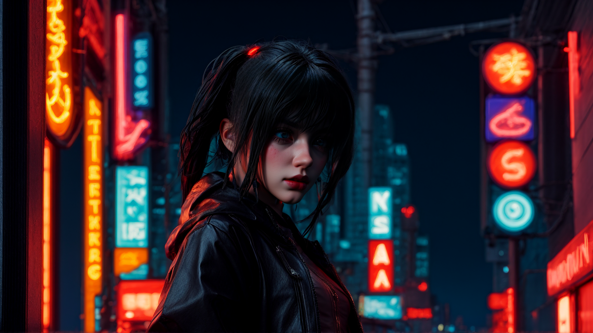 AI generated wallpaper featuring girl, neon, city