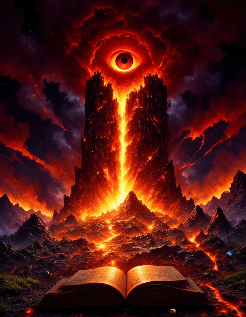 AI generated wallpaper featuring eye, mountain, book, lava, sky, cloud, rock, fire, volcano, earth