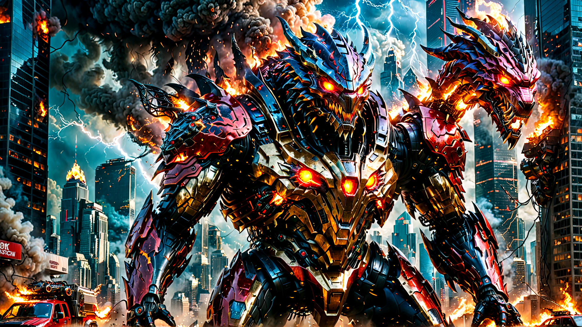 AI generated wallpaper featuring robot, mecha, dragon, city, fire, skyscraper, destruction, armor, war, chaos