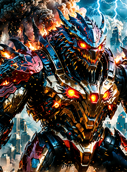 robot, mecha, dragon, city, fire, skyscraper, destruction, armor, war, chaos