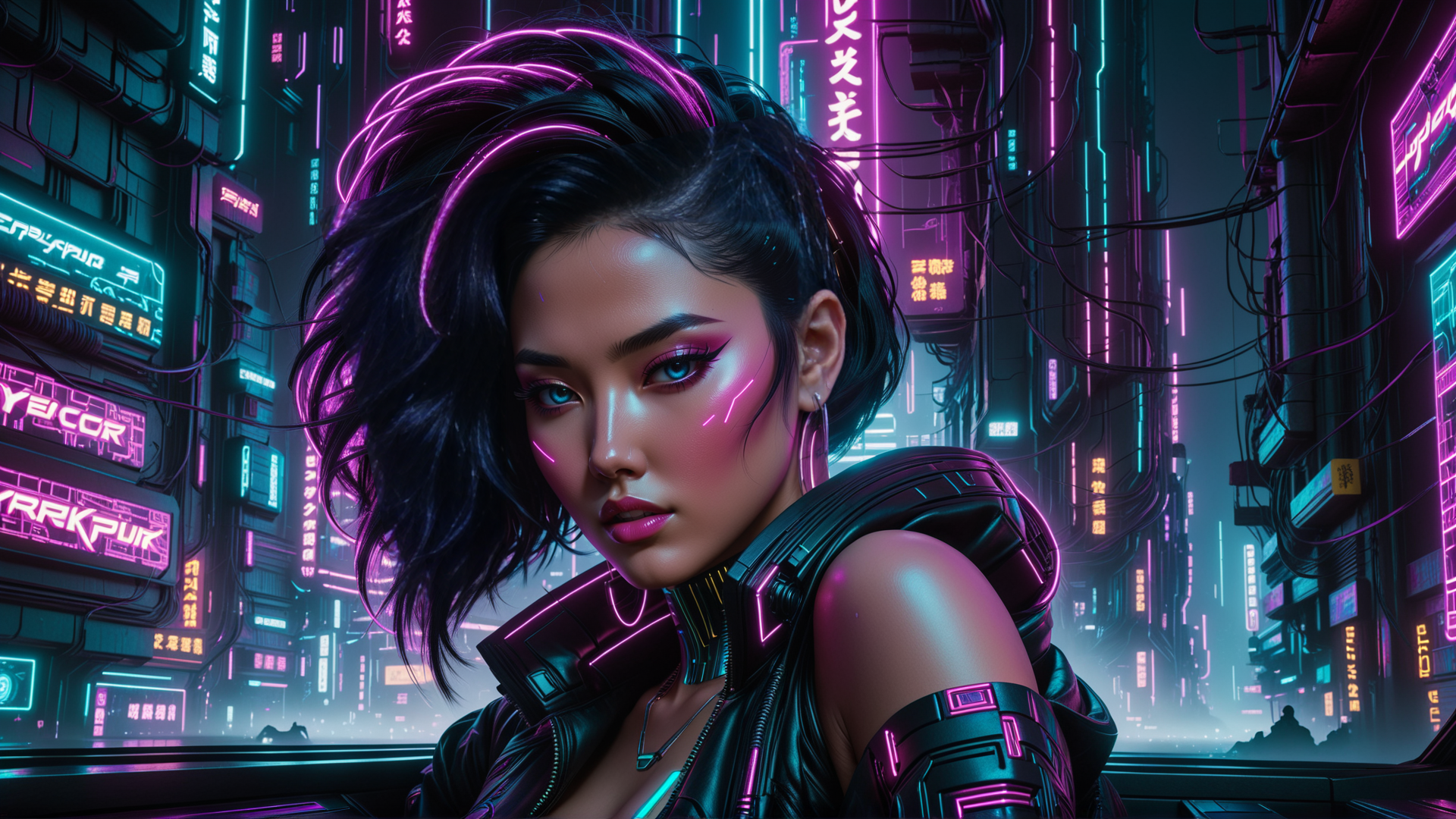 AI generated wallpaper featuring cyberpunk woman, neon city