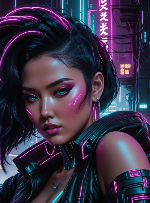 cyberpunk woman, neon city