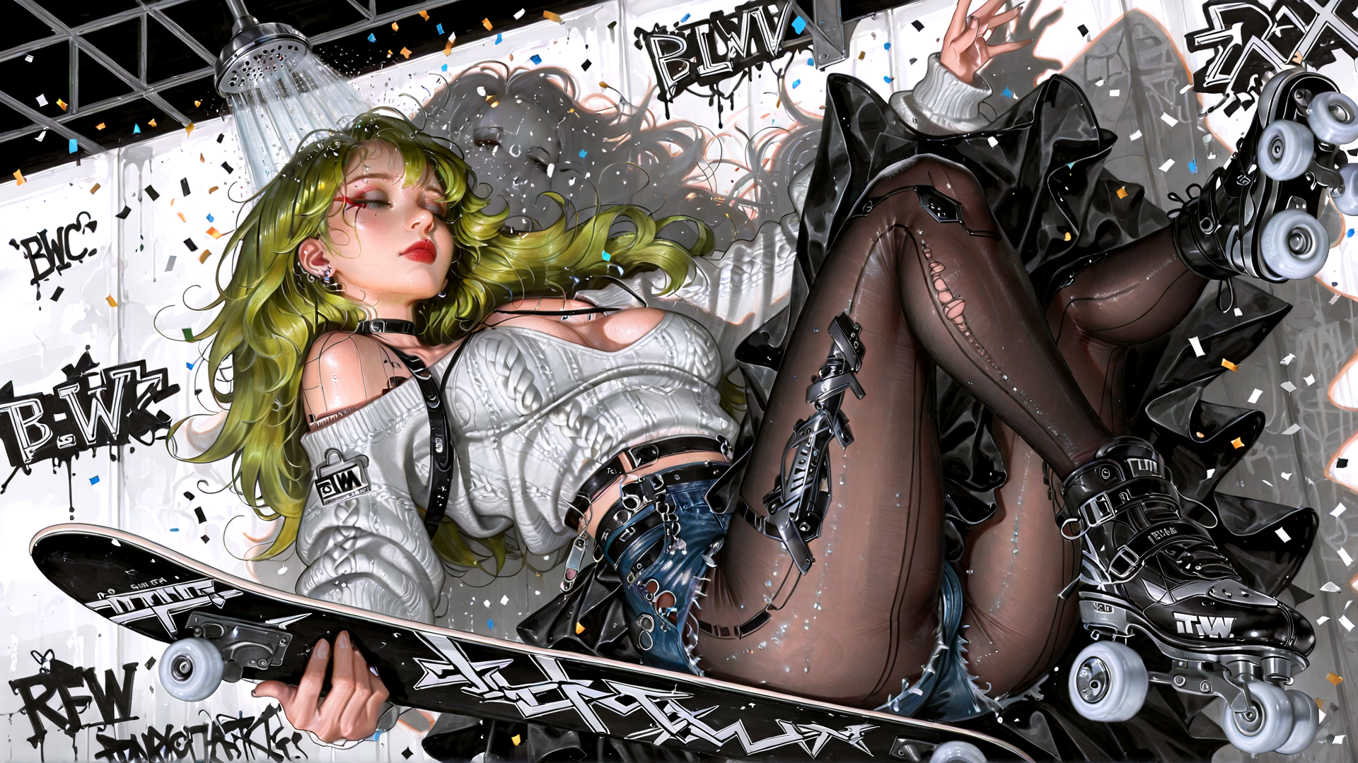 AI generated wallpaper featuring skateboard, roller skates, girl, confetti, graffiti, fashion, sweater, leotard, earrings, hair