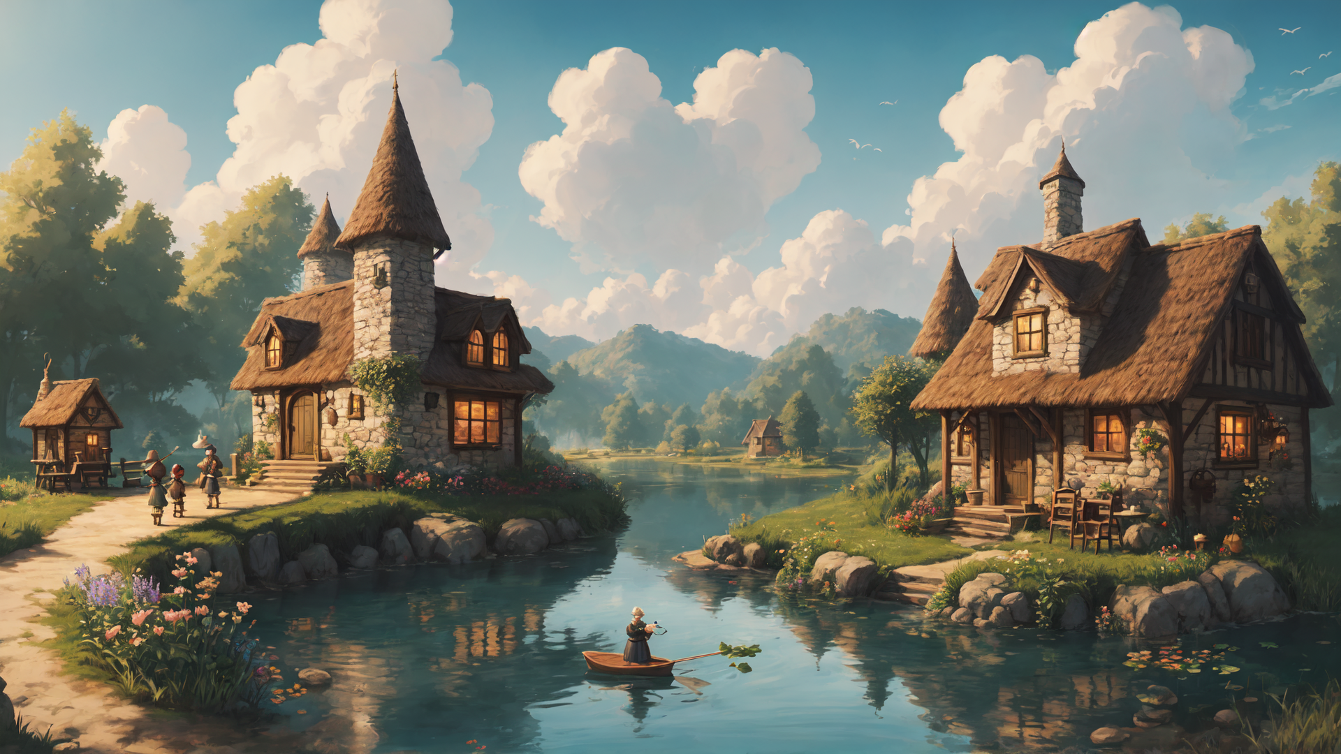 AI generated wallpaper featuring house, boat, river, child, tree, flower, cloud, mountain, light, path