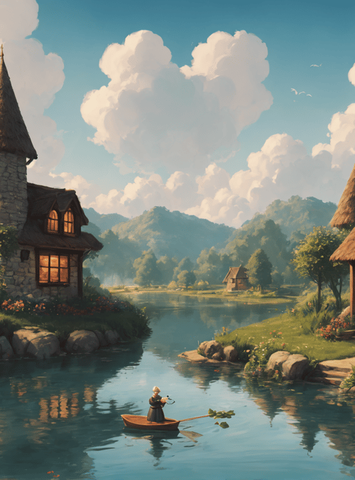 house, boat, river, child, tree, flower, cloud, mountain, light, path