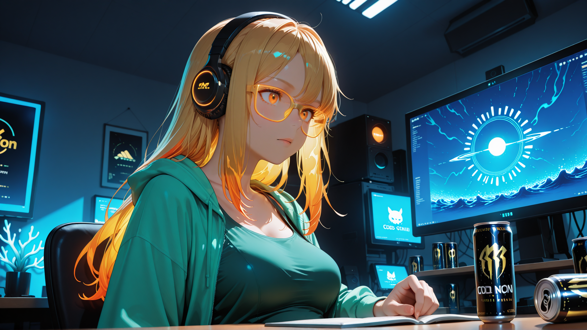 AI generated wallpaper featuring girl, headphones, glasses, computer, can, monitor, desk, book, room, coral