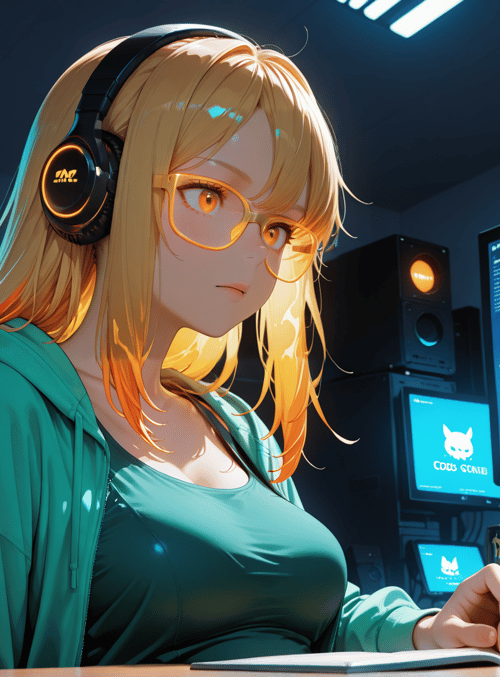 girl, headphones, glasses, computer, can, monitor, desk, book, room, coral