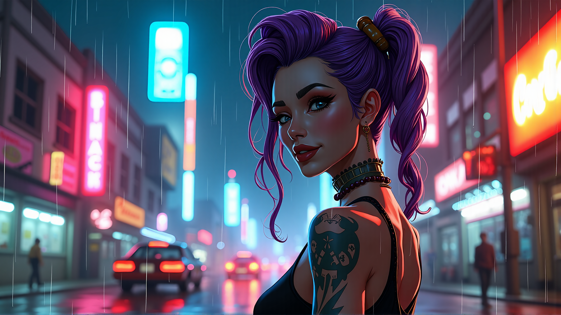 AI generated wallpaper featuring woman, tattoo, neon, city, rain