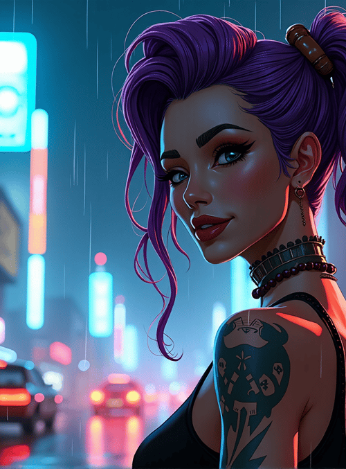 woman, tattoo, neon, city, rain