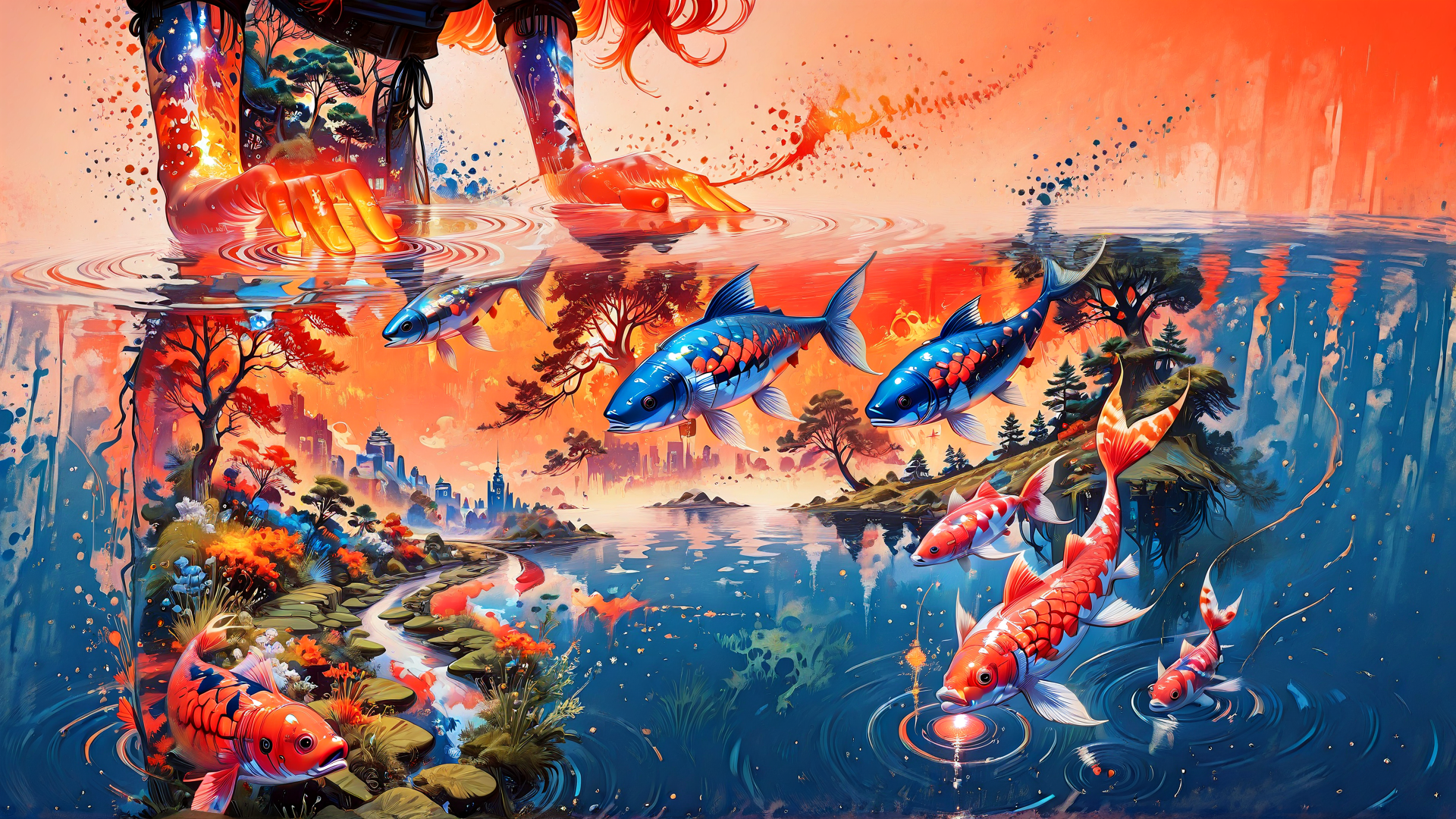 AI generated wallpaper featuring fish, hands, trees, city, water, koi, reflection, sky, land, sunset
