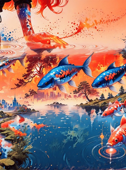 fish, hands, trees, city, water, koi, reflection, sky, land, sunset