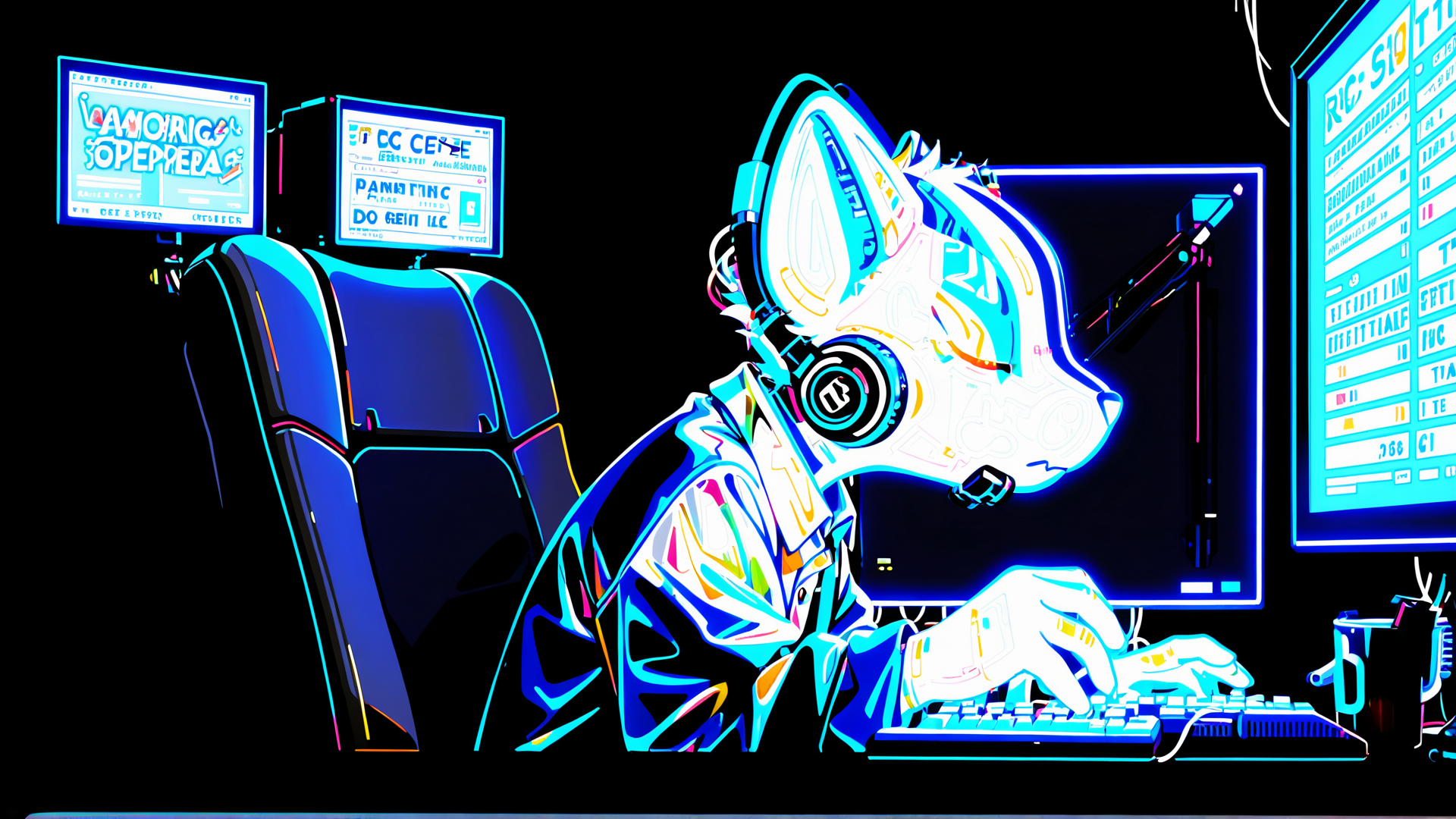 AI generated wallpaper featuring fox, gaming, computer, headset, monitor, keyboard, chair, screen, graphics, neon
