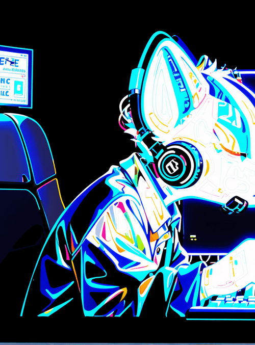 fox, gaming, computer, headset, monitor, keyboard, chair, screen, graphics, neon