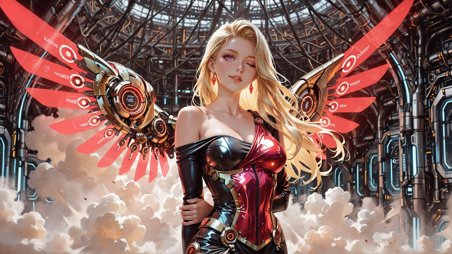 AI generated wallpaper featuring woman, cybernetic wings, futuristic armor, blonde hair, earrings
