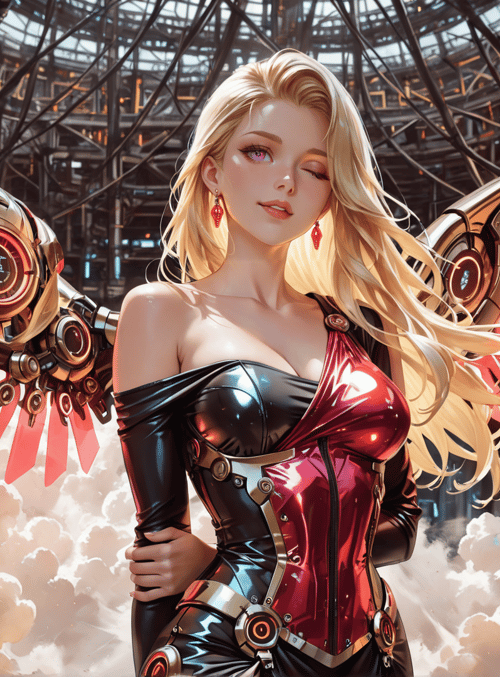 woman, cybernetic wings, futuristic armor, blonde hair, earrings