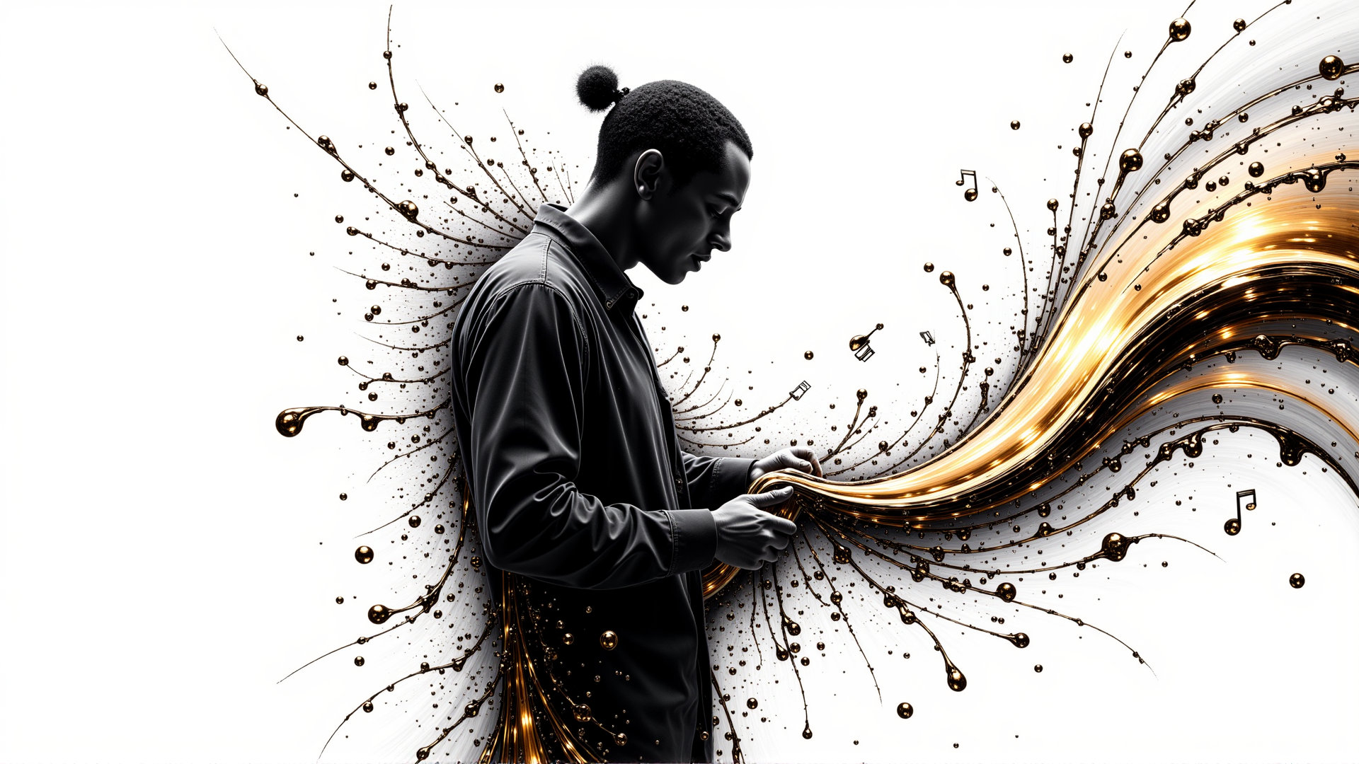 AI generated wallpaper featuring man, musical notes, liquid gold, bubbles, gloves, hair, black shirt