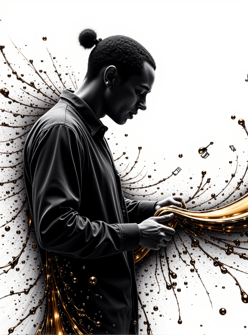 man, musical notes, liquid gold, bubbles, gloves, hair, black shirt