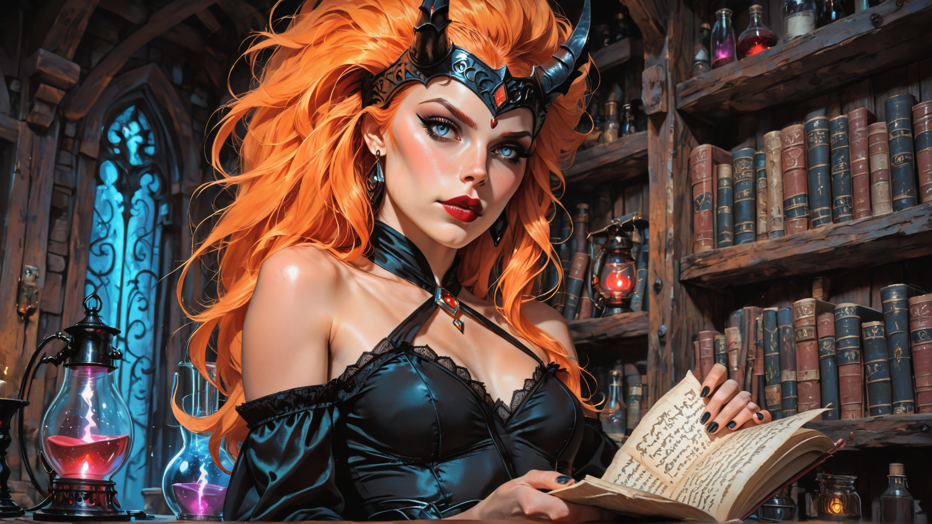 AI generated wallpaper featuring woman, book, library, lantern, bottle, bookshelf, hair