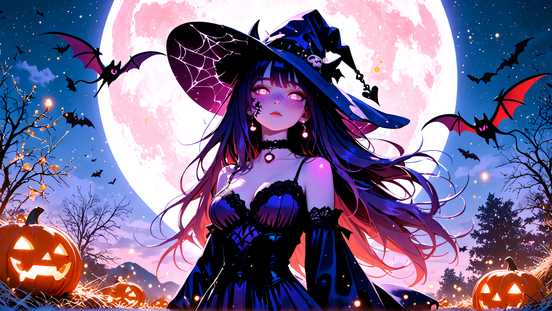 AI generated wallpaper featuring witch, pumpkin, bat, moon, tree