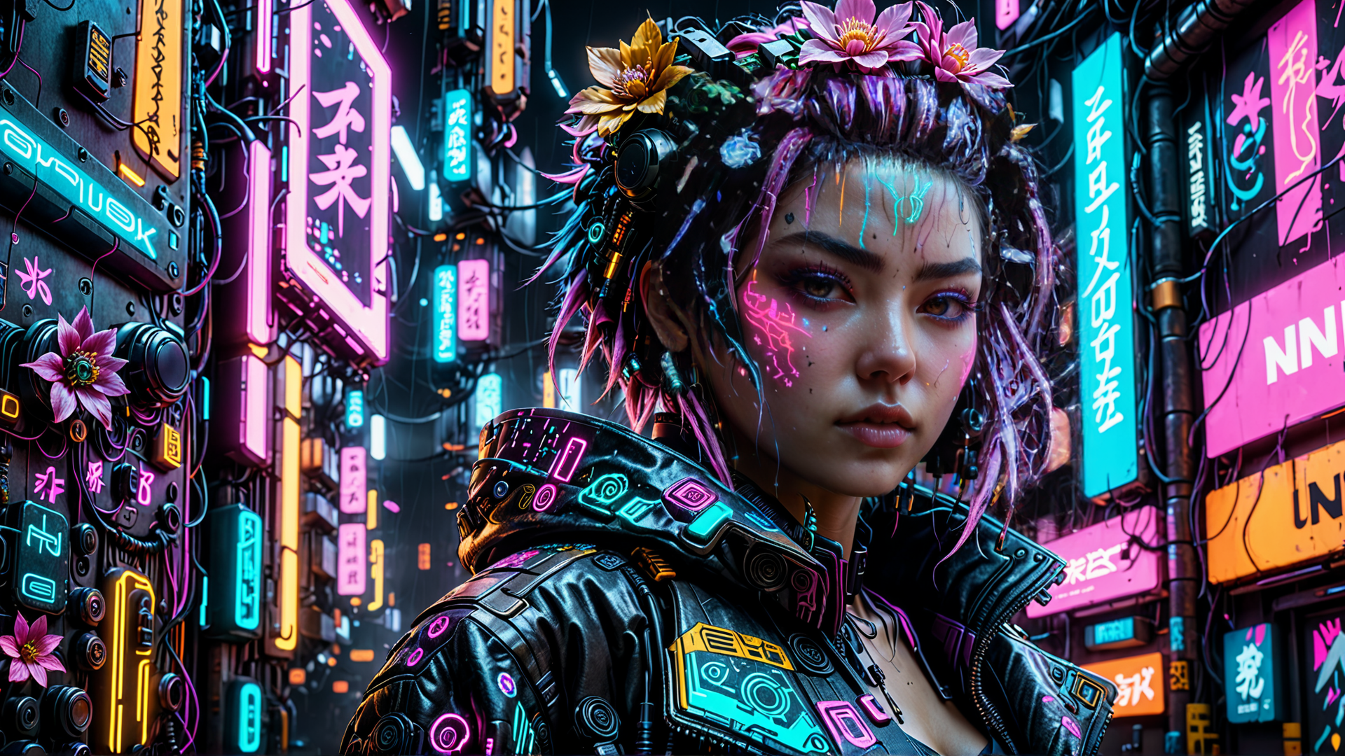 AI generated wallpaper featuring cyberpunk, woman, neon
