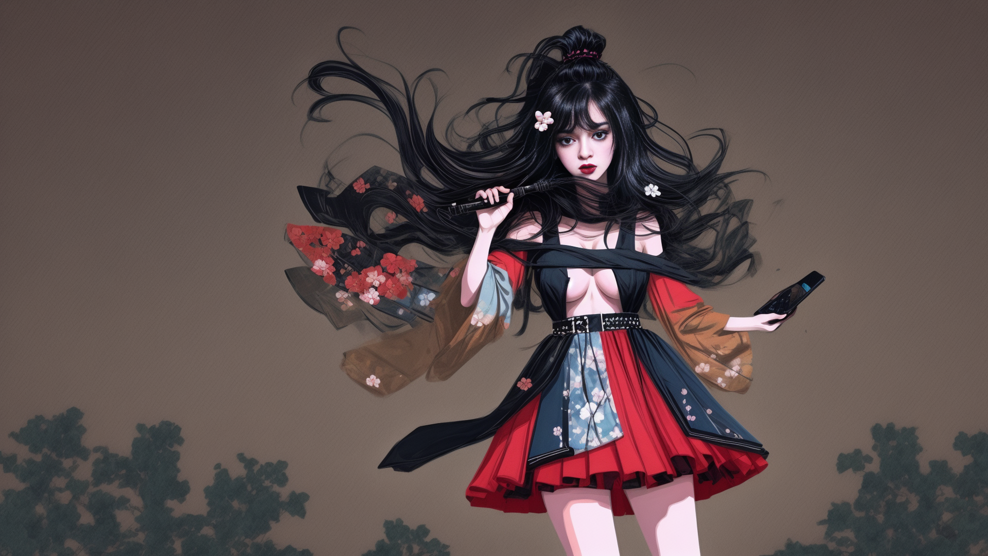 AI generated wallpaper featuring woman, anime, cherry blossom