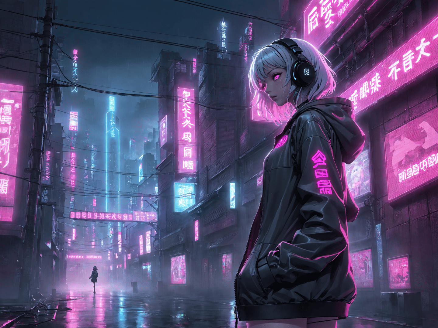 AI generated wallpaper featuring girl, neon, city