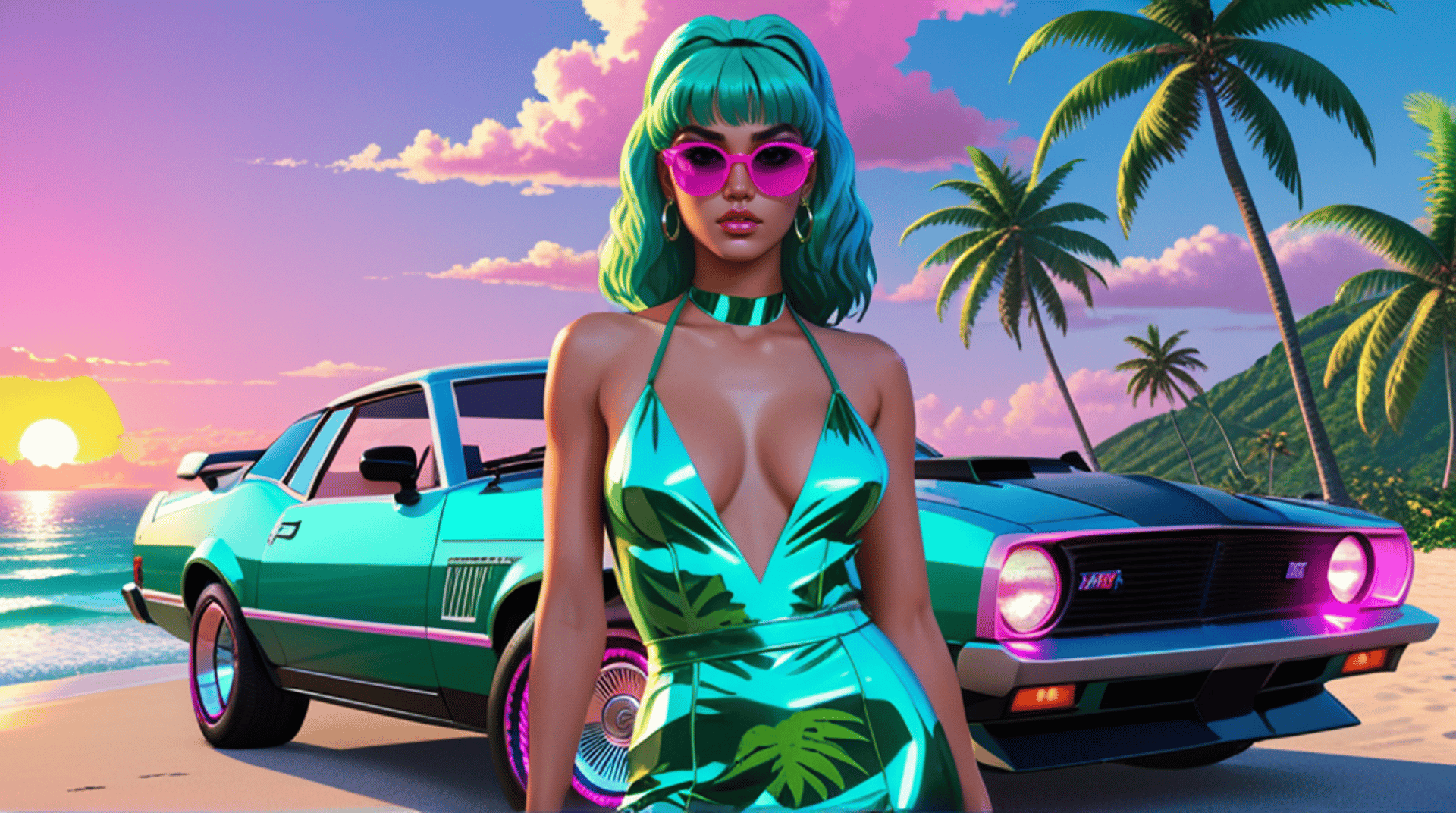 AI generated wallpaper featuring woman, car, palm tree