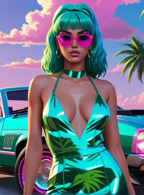 woman, car, palm tree