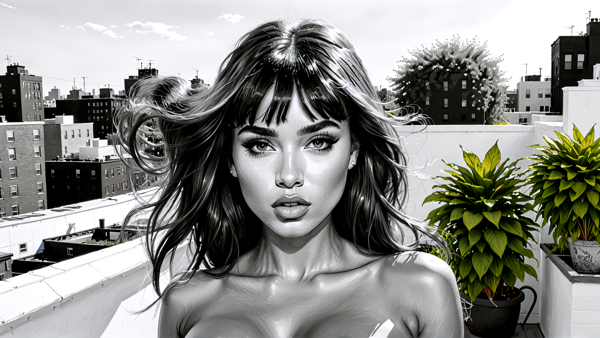 AI generated wallpaper featuring woman, rooftop, city, plants, hair, buildings, sky, plants, rooftop, cityscape