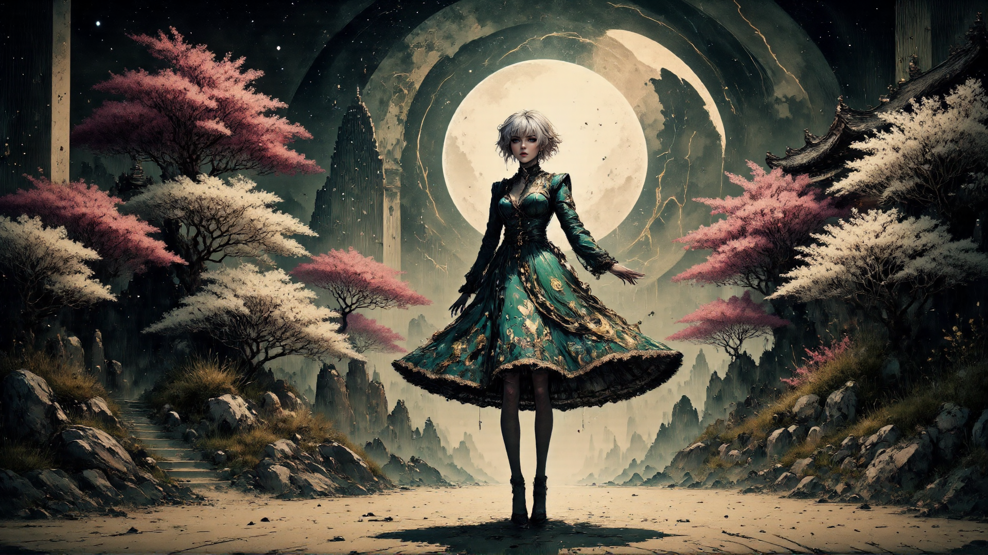AI generated wallpaper featuring woman, trees, moon