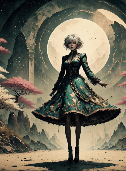 woman, trees, moon