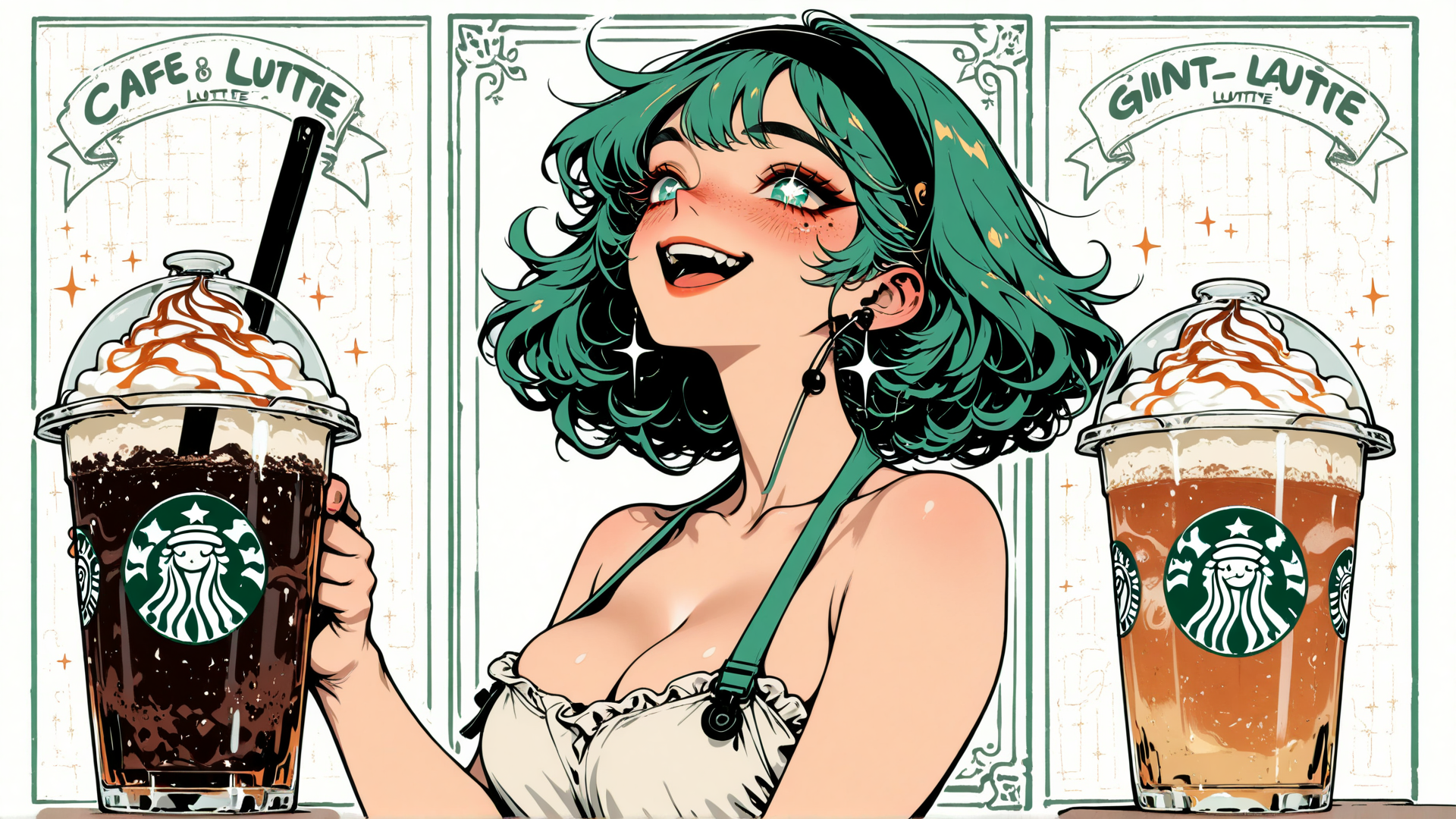 AI generated wallpaper featuring woman, coffee, drinks, cup, starbucks, illustration