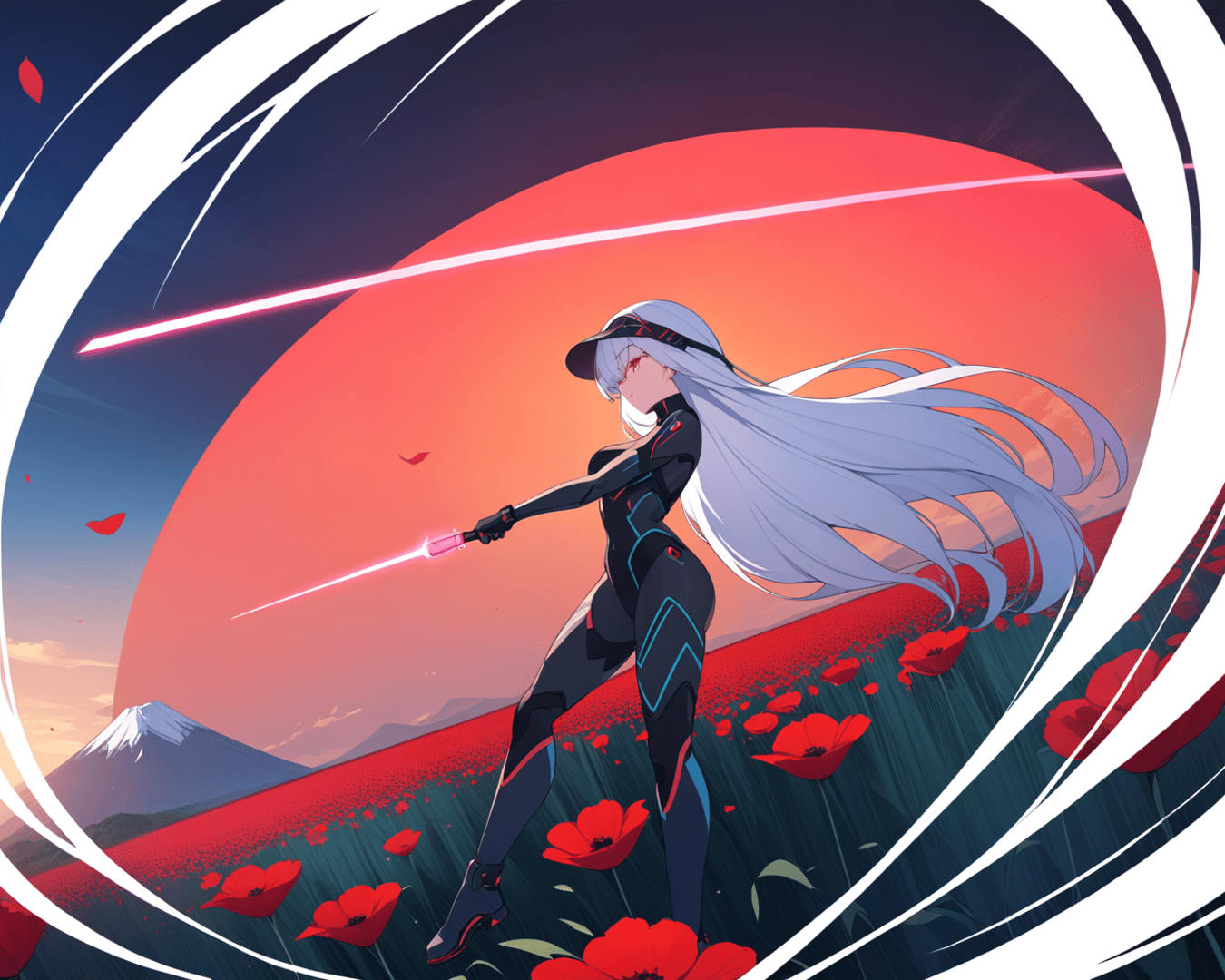 AI generated wallpaper featuring anime girl, robot suit, poppy field