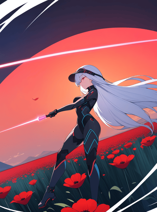 anime girl, robot suit, poppy field