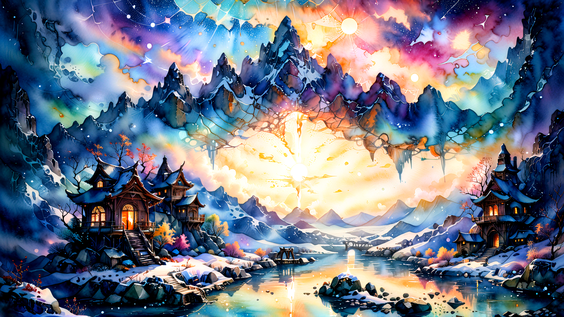 AI generated wallpaper featuring mountains, houses, river, trees, sun, sky, snow, bridge, stars, clouds